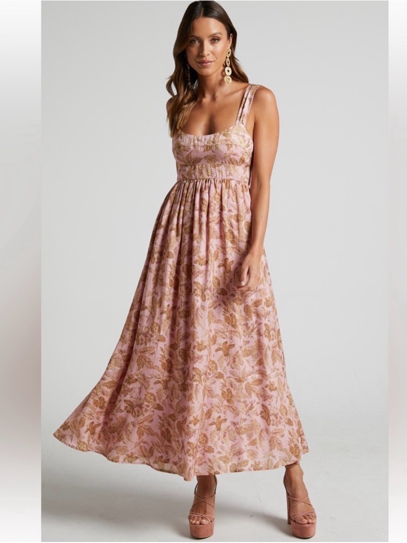 Amalie Showpo "Kai" Pink & Tan Double Tie Back Maxi Dress Size S, Euc